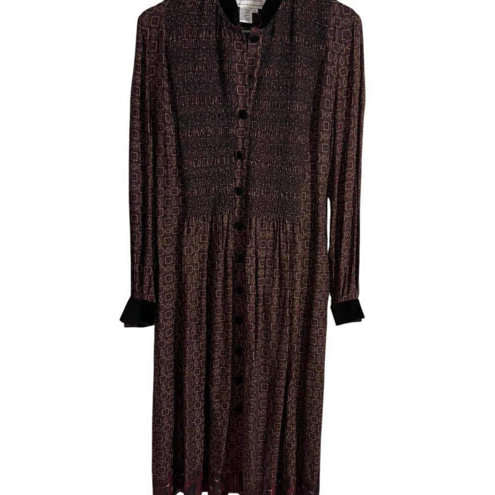 Vintage Karin Stevens Brown and Black 90s Geometric Shirt Dress, Size 6